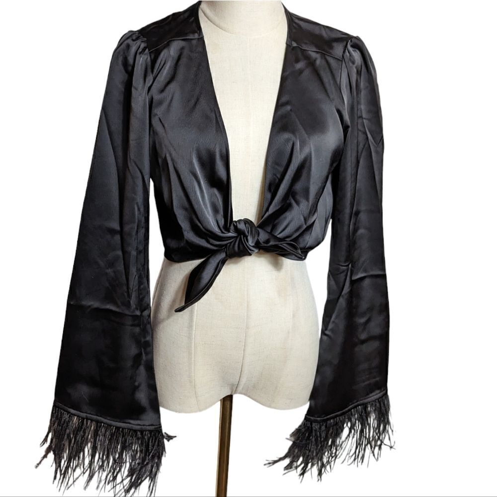 Wayf Black Satin and Feather Crop Top NWT